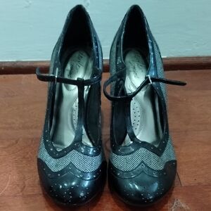 Black and Gray Women's T-Strap Heels